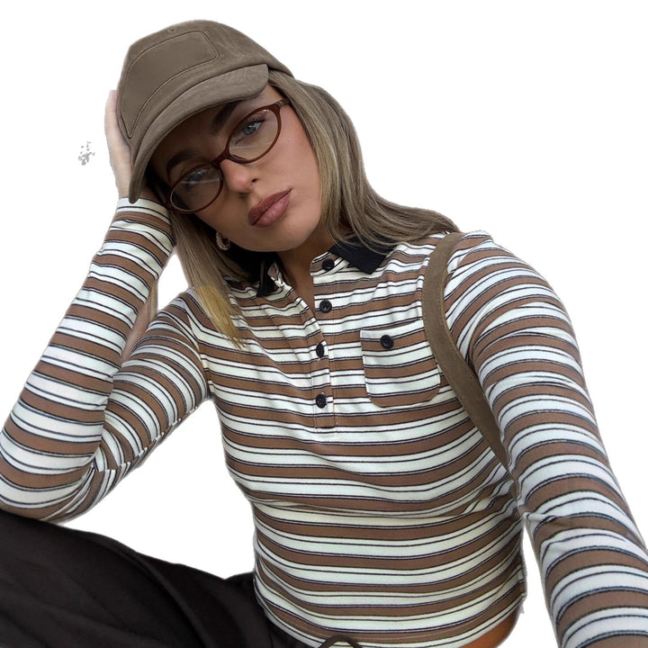 Women's striped polo crop long sleeve with contrast collar and breast pocket Mune Fashion