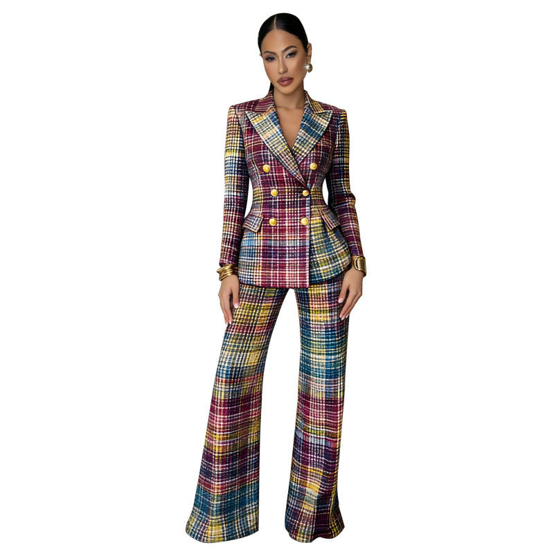 Women’s check suit in two-piece with tailored double-breasted and wide leg Mune Fashion
