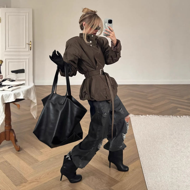 Women’s short tailored trench coat with stand-up collar and tie belt Mune Fashion