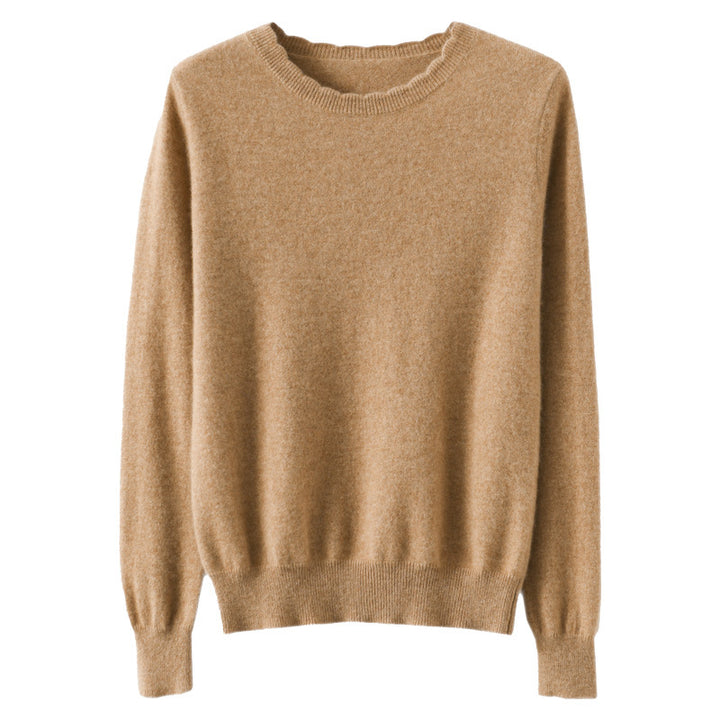 Women Soft Cashmere Blend Rounded Neck Sweater with Fine Ribbed Cuff