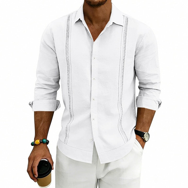 Men's Lightweight Cotton Long Sleeve Shirt with Decorative Stitches and Kent Collar Mune Fashion
