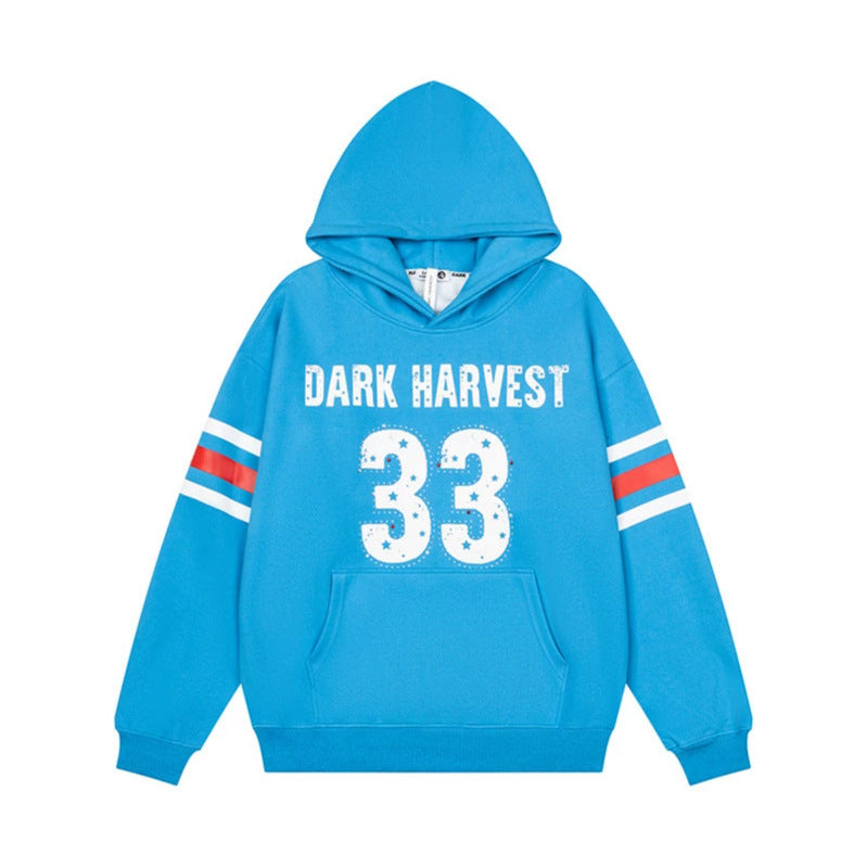 Women's oversized hoodie with vintage number print, studded detailing, and contrast stripes on the sleeves Mune Fashion
