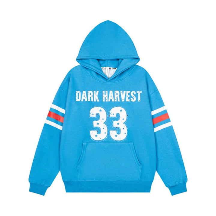 Women's oversized hoodie with vintage number print, studded detailing, and contrast stripes on the sleeves Mune Fashion