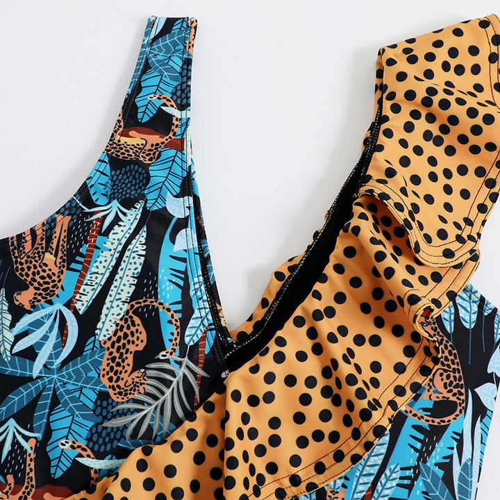 Women's one-piece swimsuit with playful ruffle design and floral wrap skirt Mune Fashion
