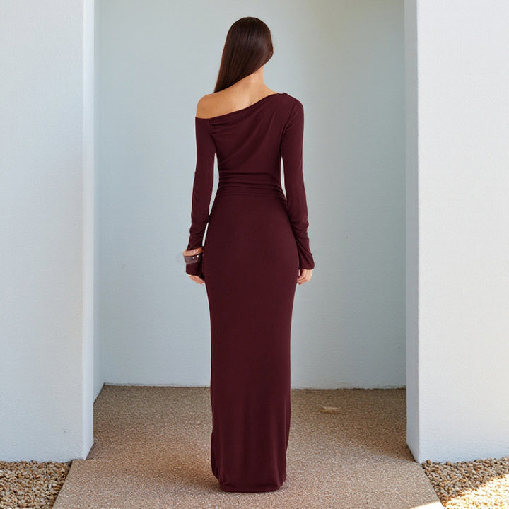 Women One-Shoulder Evening Maxi Dress with Long Sleeve and Tailored Draping Mune Fashion
