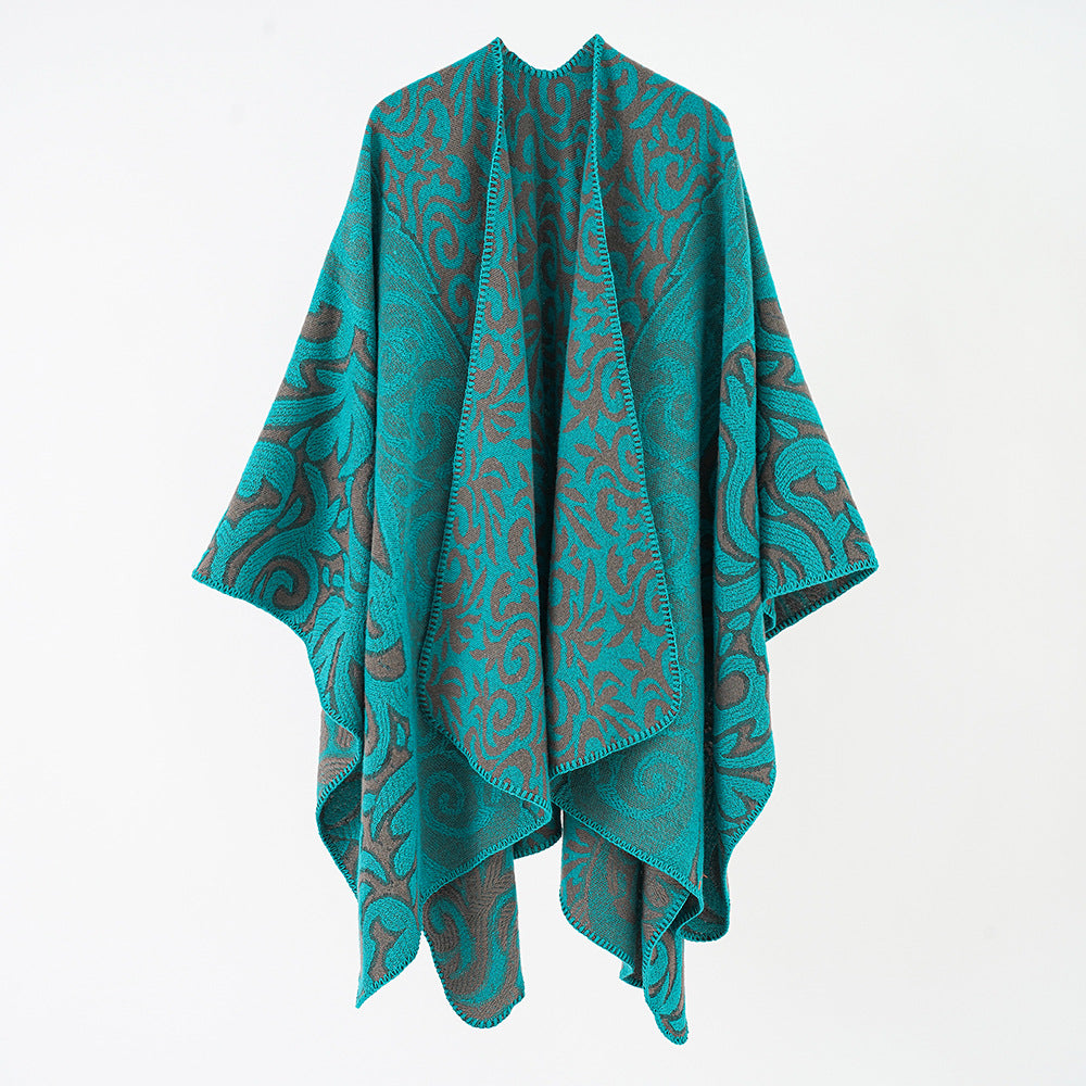 Women's Ornamental Jacquard Cape Poncho with Open Fall and Boxy Silhouette Mune Fashion