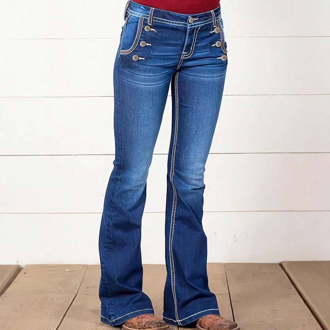 Ladies' Waist-Cinched Bootcut Jeans with Decorative Button Appliqué and Contrast Stitching Mune Fashion