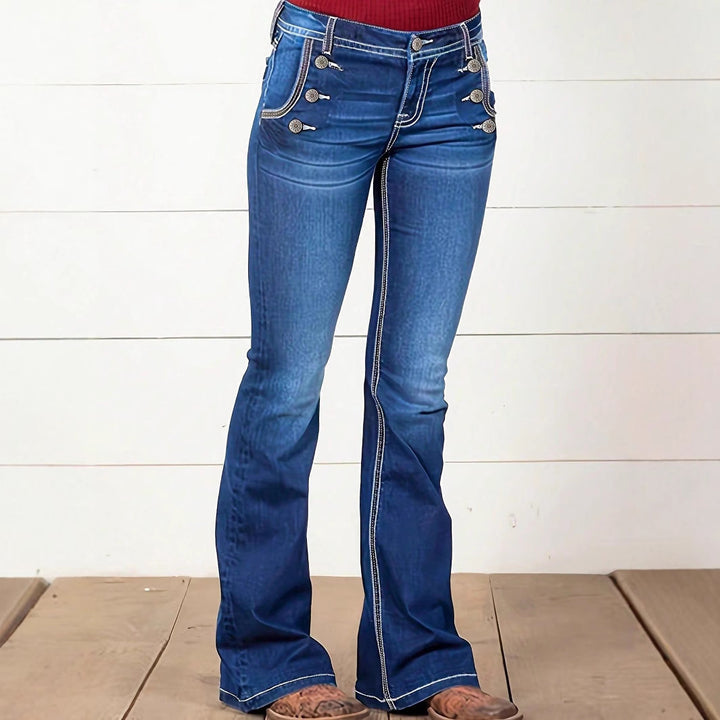 Ladies' Waist-Cinched Bootcut Jeans with Decorative Button Appliqué and Contrast Stitching Mune Fashion