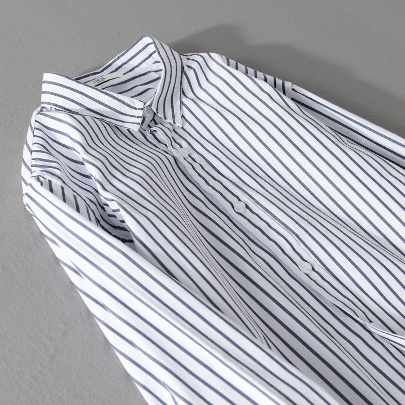 Men Striped Oversized Shirt Made of Light Cotton Blend with Kent Collar Mune Fashion