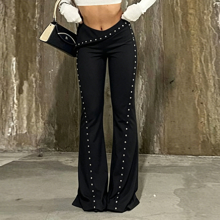 Women’s flared trousers with wrap waistband and decorative press stud placket Mune Fashion