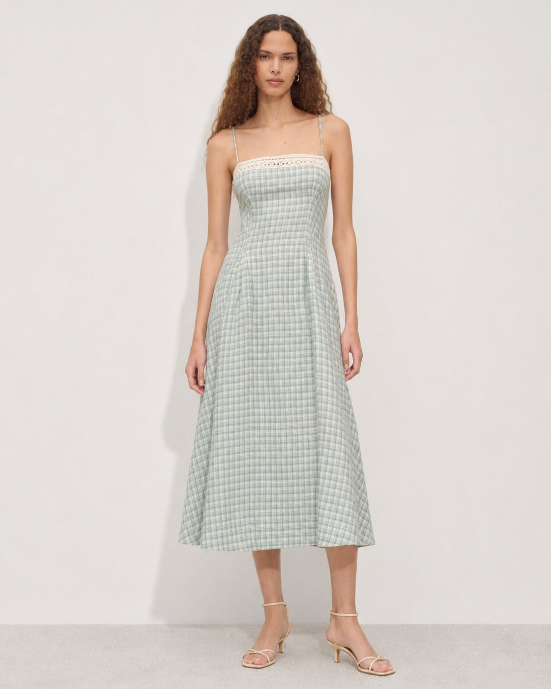 Women's Vintage-inspired Midi Dress with Slim Spaghetti Straps, Lace Insert and Flared Skirt Mune Fashion