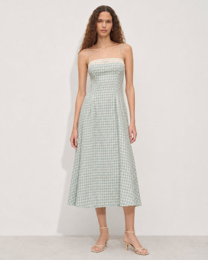 Women's Vintage-inspired Midi Dress with Slim Spaghetti Straps, Lace Insert and Flared Skirt Mune Fashion