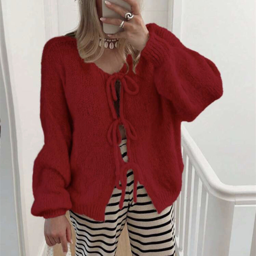 Women's Chunky Knit Open Cardigan with Ties, Oversized Silhouette and Raglan Sleeves Mune Fashion