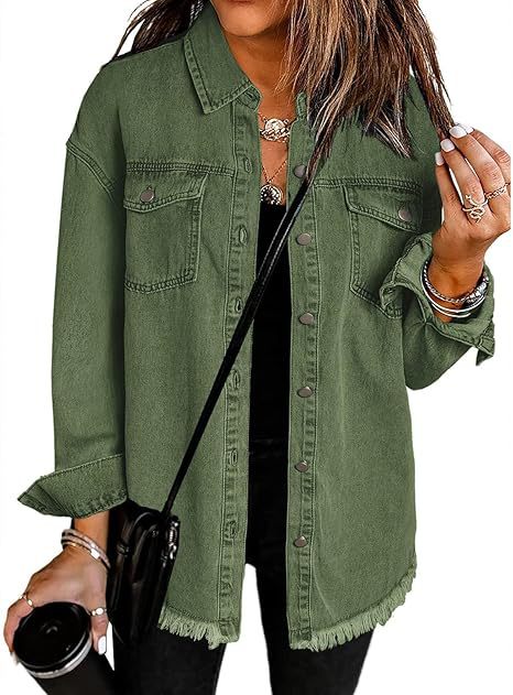 Women's Oversized Denim Shirt Jacket with Fringe Hem Mune Fashion