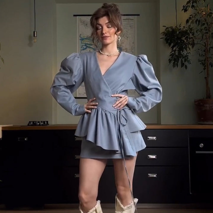 Women's mini dress with ruffle peplum, puff sleeves, and tailored silhouette Mune Fashion