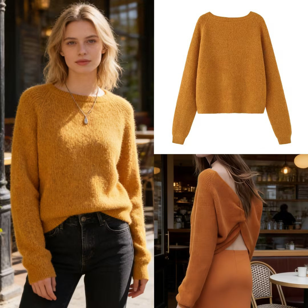 Ladies chunky knitted pullover with boat neck and cropped cut Mune Fashion