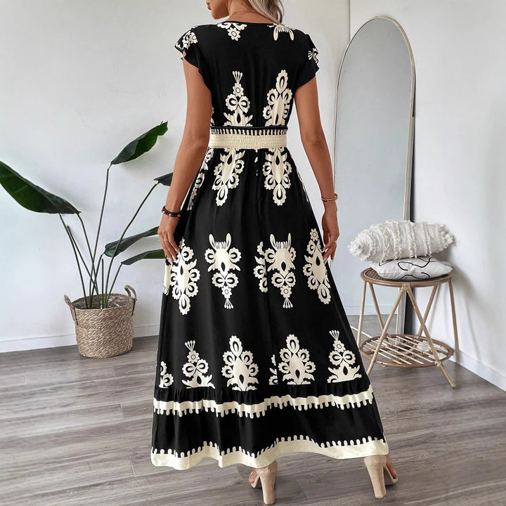 Women’s Boho Long Dress with V-neck, fitted stretch waistband and contrasting ornament print Mune Fashion