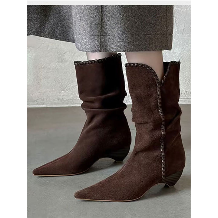 Women’s Slip-On Velour Boots with Decorative Stitching, V-Cuff and Sculpted Kitten Heel Mune Fashion