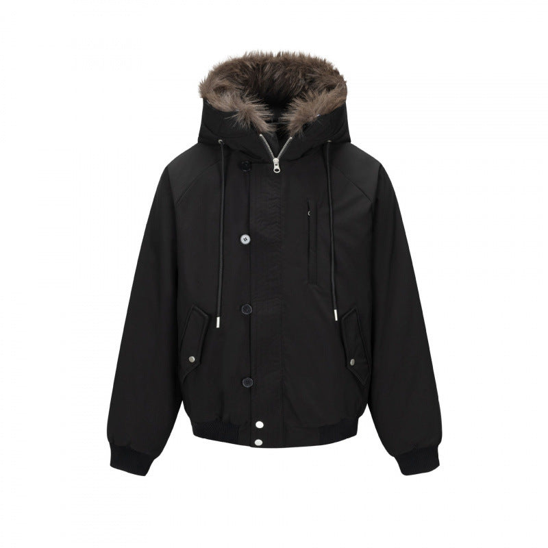 Men's short-cut thermo bomber jacket with detachable hood and faux fur collar Mune Fashion