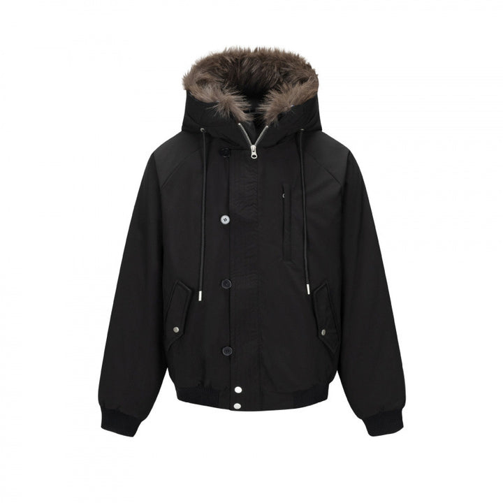 Men's short-cut thermo bomber jacket with detachable hood and faux fur collar Mune Fashion