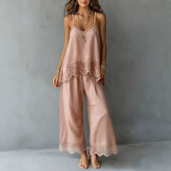 Ladies lightweight two-piece set with spaghetti strap top, intricate lace hem, and wide palazzo pants Mune Fashion