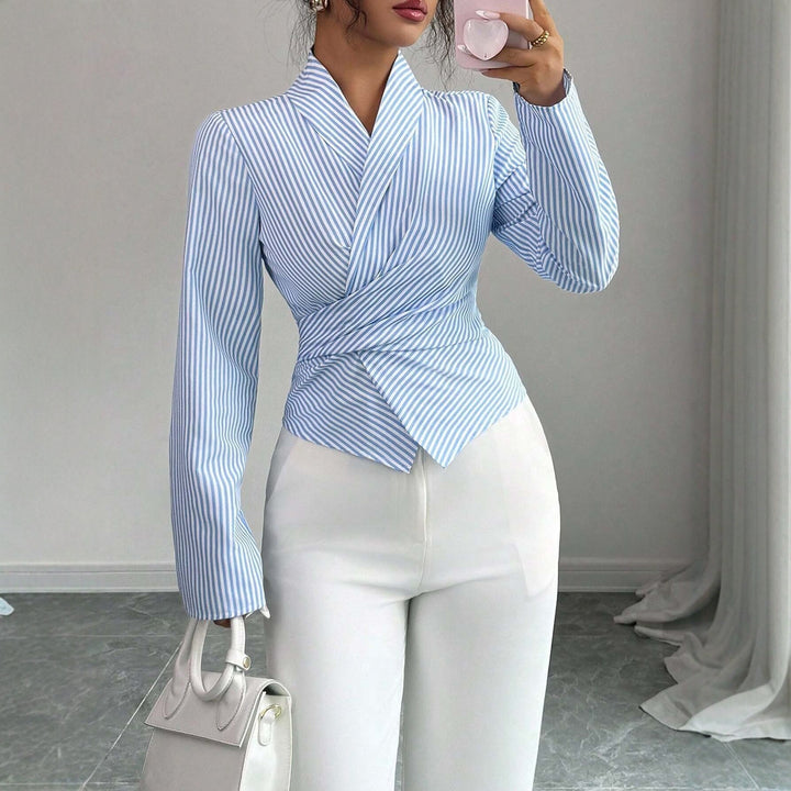Women's Striped Wrap Blouse with Shawl Collar and Tailored Silhouette Mune Fashion