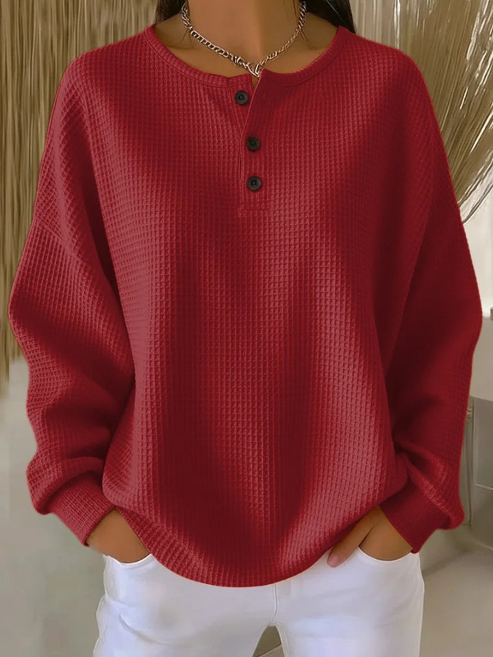 Women's Oversized Waffle Knit Henley Sweater with Button Placket and Rounded Hem Mune Fashion