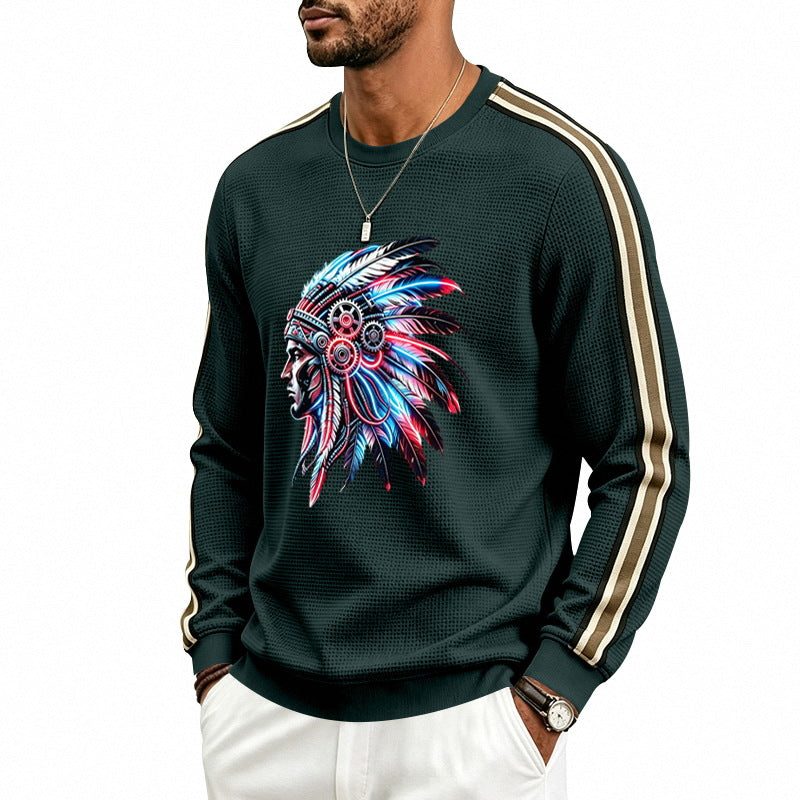Men's sweatshirt with feather headpiece print, waffle structure and contrasting shoulder stripes Mune Fashion