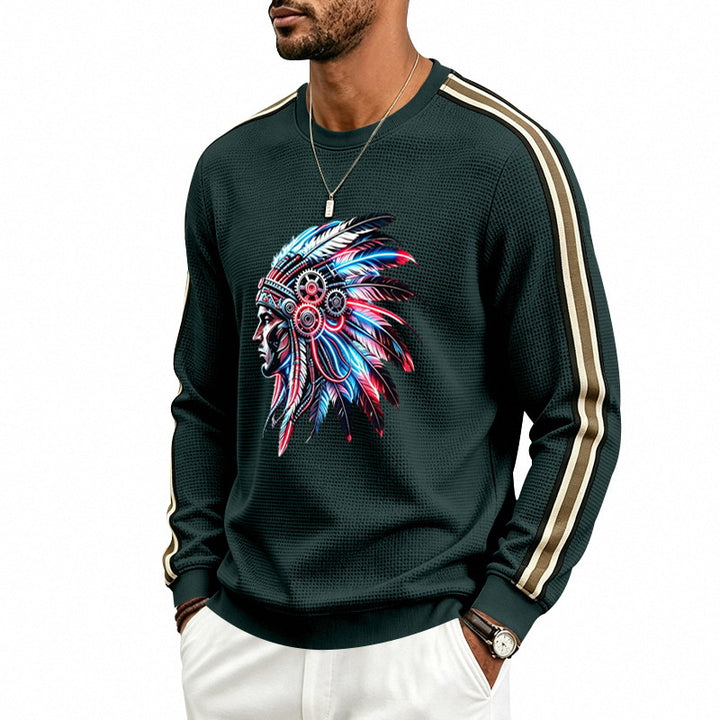 Men's sweatshirt with feather headpiece print, waffle structure and contrasting shoulder stripes Mune Fashion