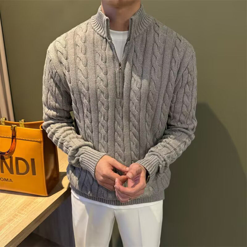 Men's Braided Knit Half-Zip Sweater with Stand-Up Collar Mune Fashion