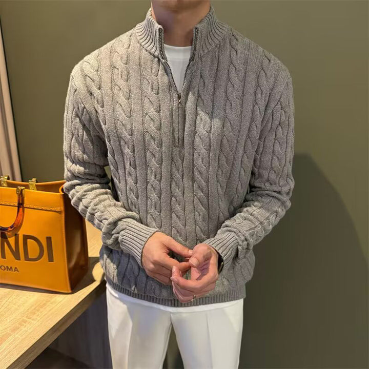 Men's Braided Knit Half-Zip Sweater with Stand-Up Collar Mune Fashion