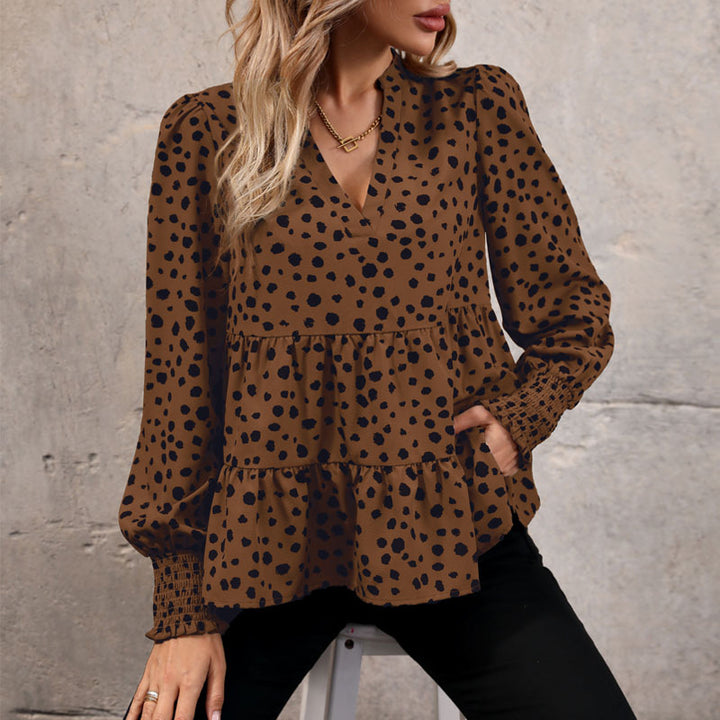 Ladies V neck tunic with tiered hem, smocked cuffs and polka dot all-over print Mune Fashion