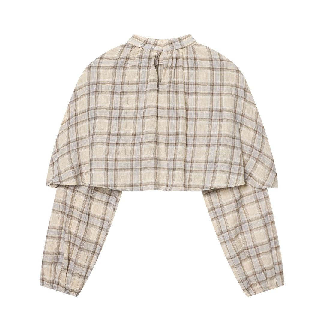 Women's Checked Blouse with Stand-Up Collar, Gathered Yoke and Voluminous Raglan Sleeves Mune Fashion