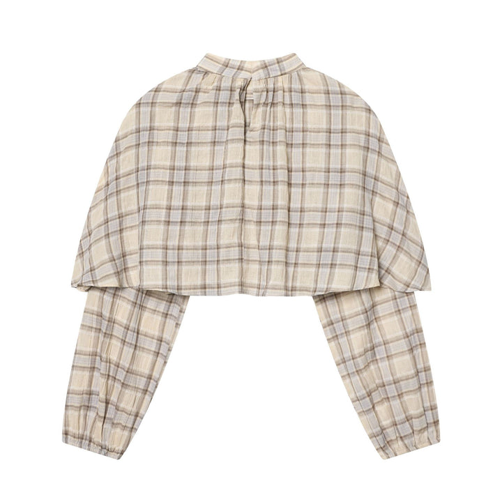 Women's Checked Blouse with Stand-Up Collar, Gathered Yoke and Voluminous Raglan Sleeves Mune Fashion