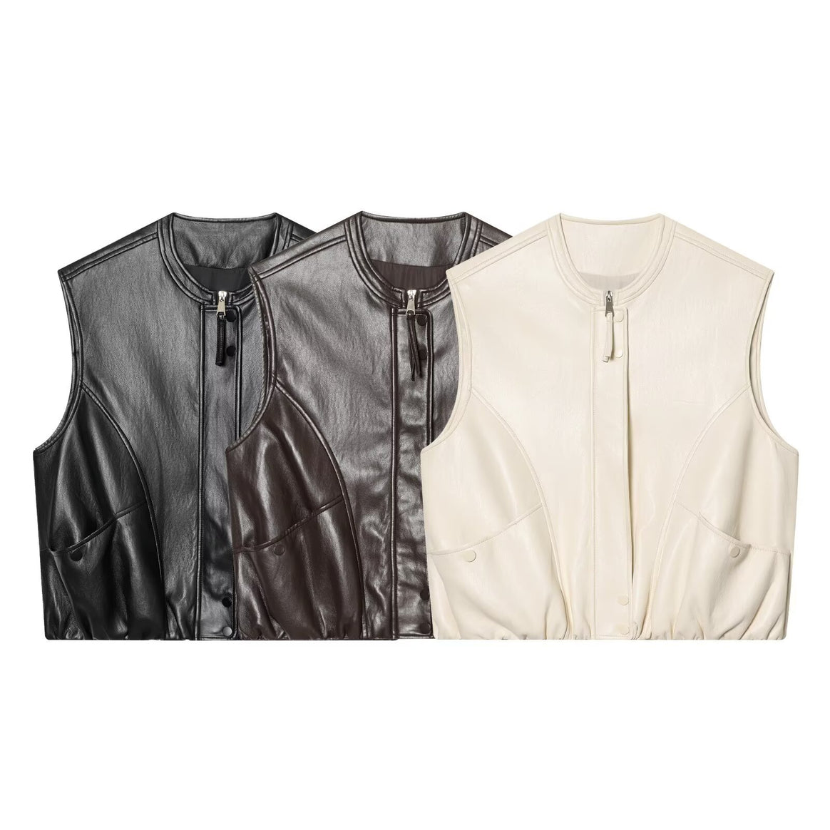 Women's Sleeveless Leather-Look Vest with Stand Collar, Two-Way Zipper and Flap Pockets Mune Fashion