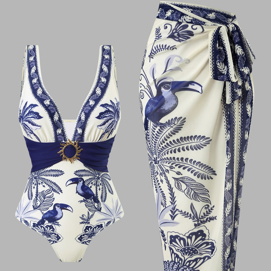 Women's One-Piece Swimsuit with Floral Design and Elegant Wrap Skirt Mune Fashion