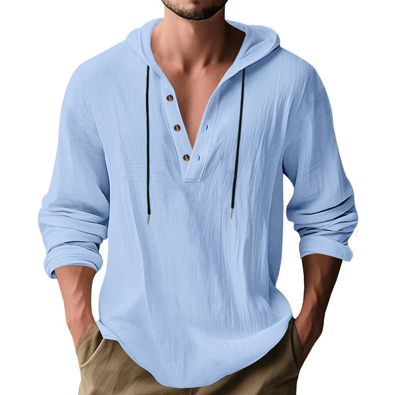 Men's casual linen shirt with hood and Henley button placket Mune Fashion