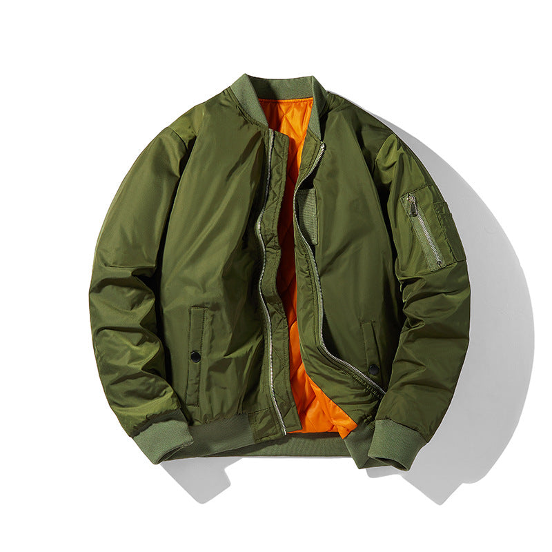 Men's bomber jacket in pilot look with contrasting inner lining, sleeve utility pocket, and elastic rib cuffs.