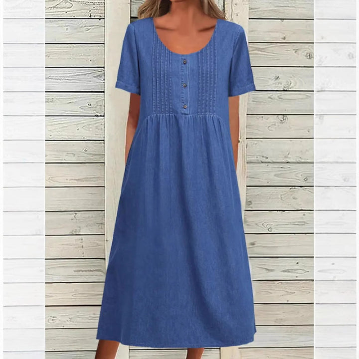 Ladies' knee-length dress in denim look with round neckline, chest piping and side inset pockets Mune Fashion