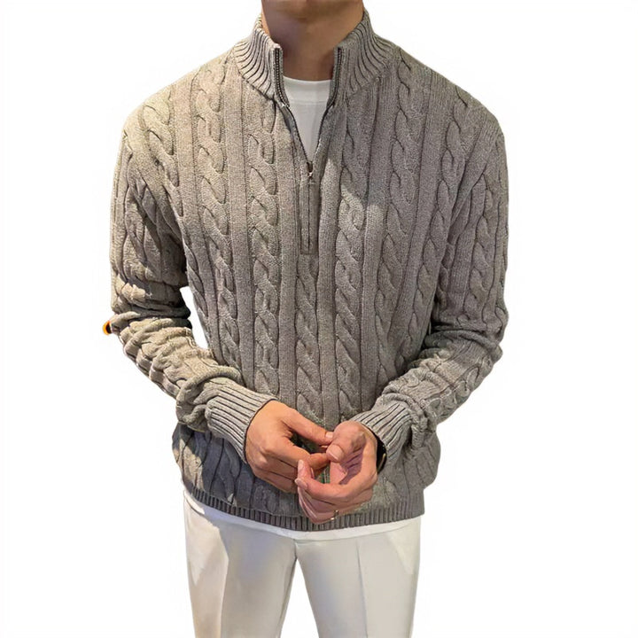 Men's Braided Knit Half-Zip Sweater with Stand-Up Collar Mune Fashion