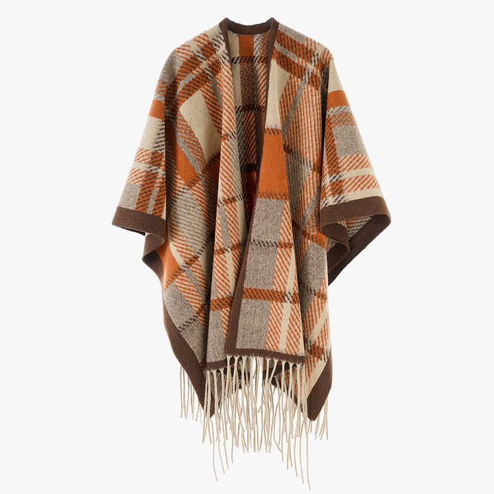 Women's Oversized Wool Blend Poncho with Check Pattern and Fringed Hem Mune Fashion