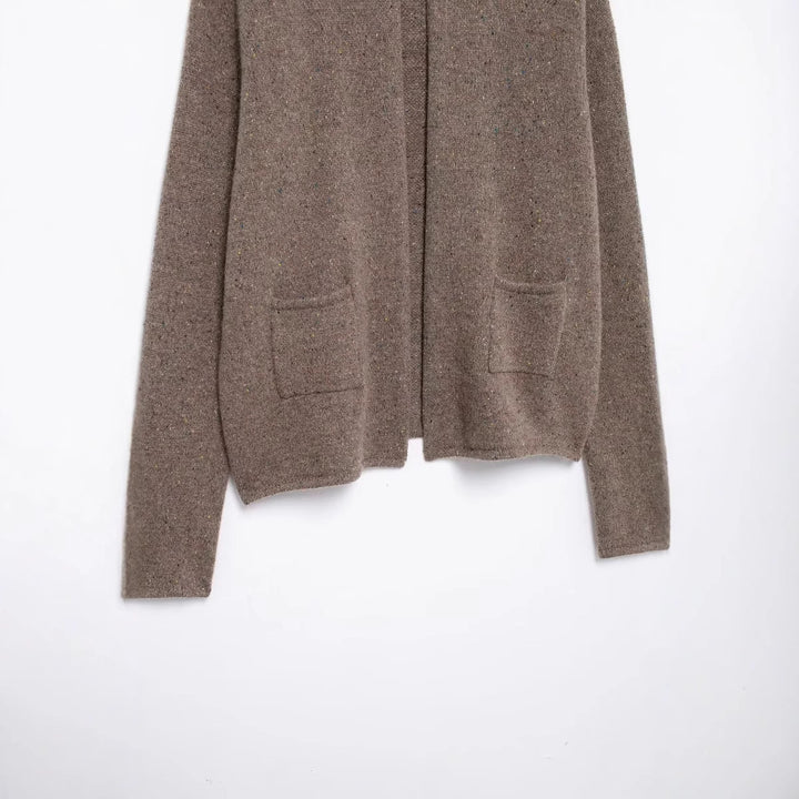 Women's open knit cardigan with stand-up collar and patch pockets Mune Fashion
