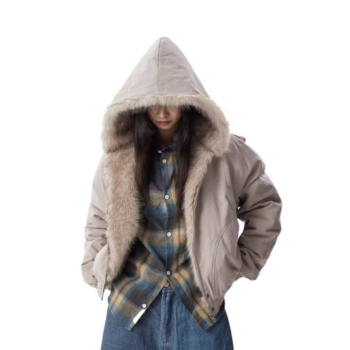 Women Short Cut Quilted Bomber Jacket with Hood and Faux Fur Collar Mune Fashion