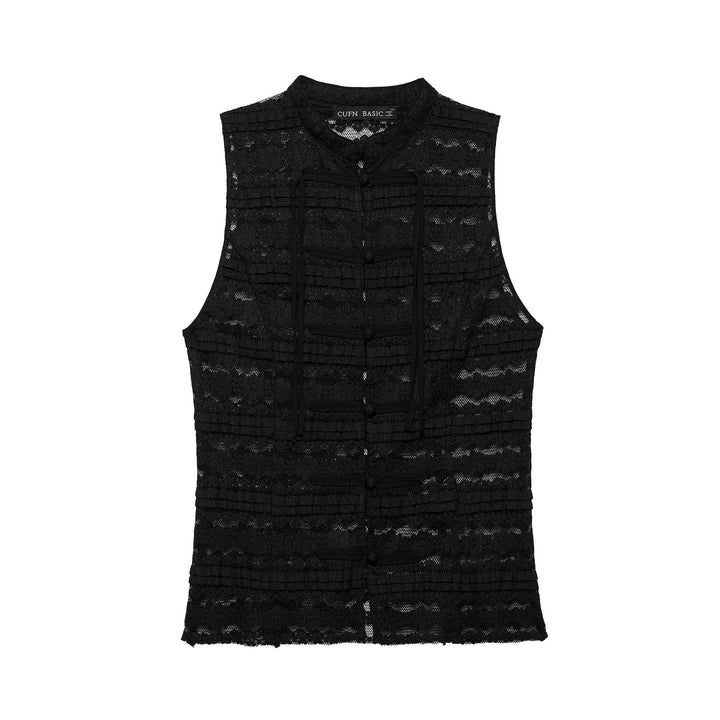 Women's Sleeveless Lace Vest with Stand Collar and Toggle Closures Mune Fashion