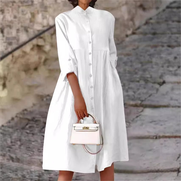 Women's Oversize Midi Dress in Linen Look with Standing Collar, Button Placket and Side Pockets Mune Fashion