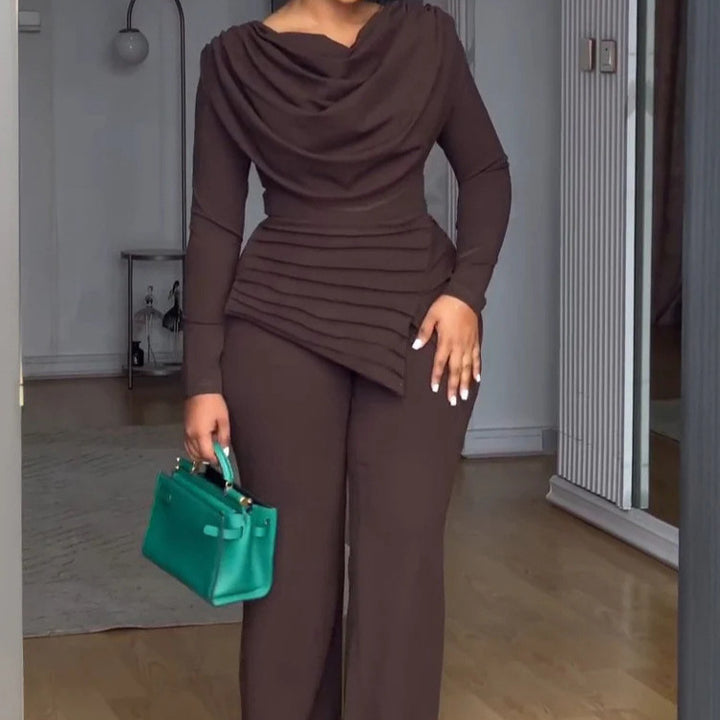 Women's Two-Piece Set with Waterfall Draped Top, Tiered Peplum and Straight Pleated Trousers Drune