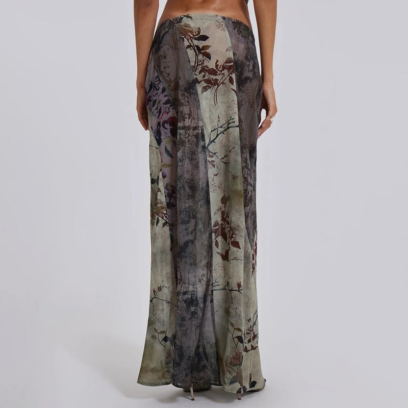 Women's Long Maxi Skirt with Diagonal Patchwork Prints and Slim A-Line Mune Fashion