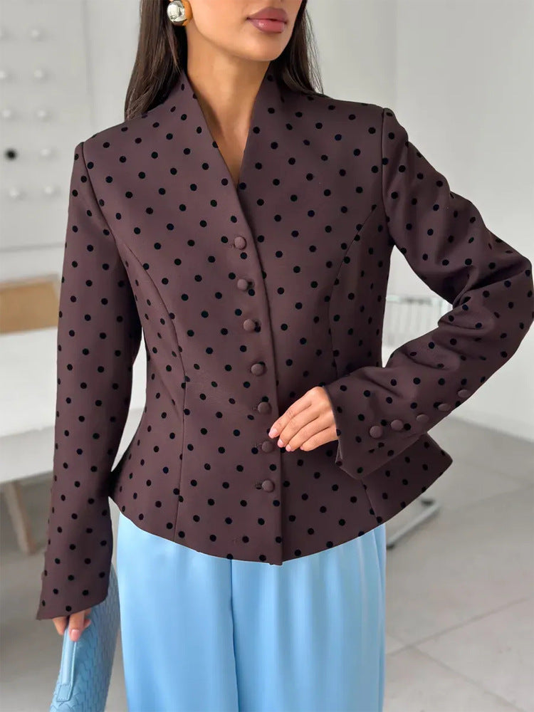 Women's Tailored Stand Collar Blazer with Polka Dot Pattern and Concealed Button Placket Mune Fashion