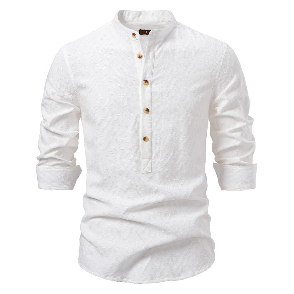 Men's jacquard shirt with stand-up collar, half button placket, and wood-look buttons Mune Fashion