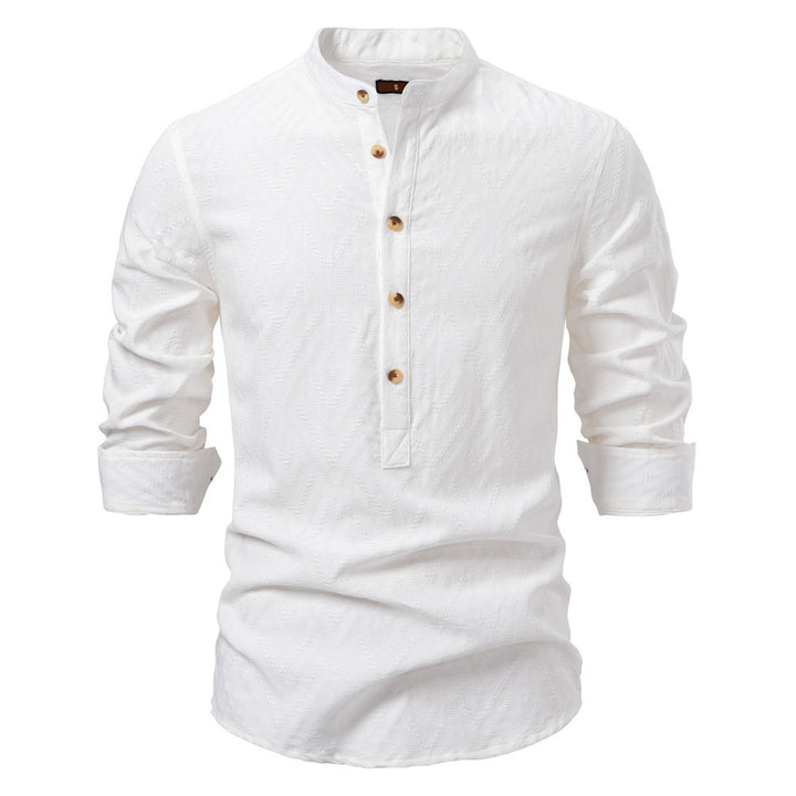 Men's jacquard shirt with stand-up collar, half button placket, and wood-look buttons Mune Fashion